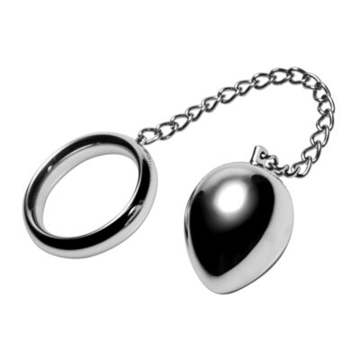 Flexible stainless steel cock ring with movable anal egg and chain attachment