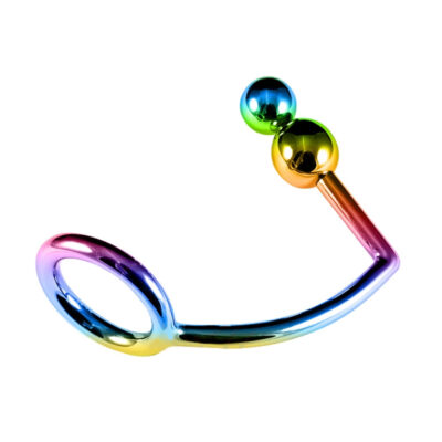 Rainbow titanium stainless steel cock ring with double anal ball attachment in multiple sizes