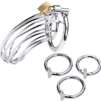 Chrome plated steel male chastity cage with adjustable rings